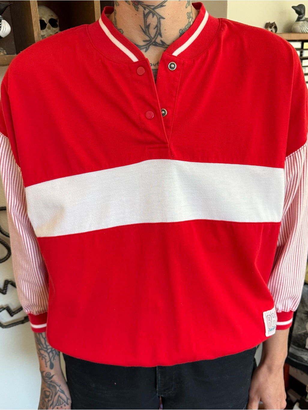 Vintage 80s 90s Colorblock Candy Stripe 3/4 Sleeve Henley Shirt ~ Size Large